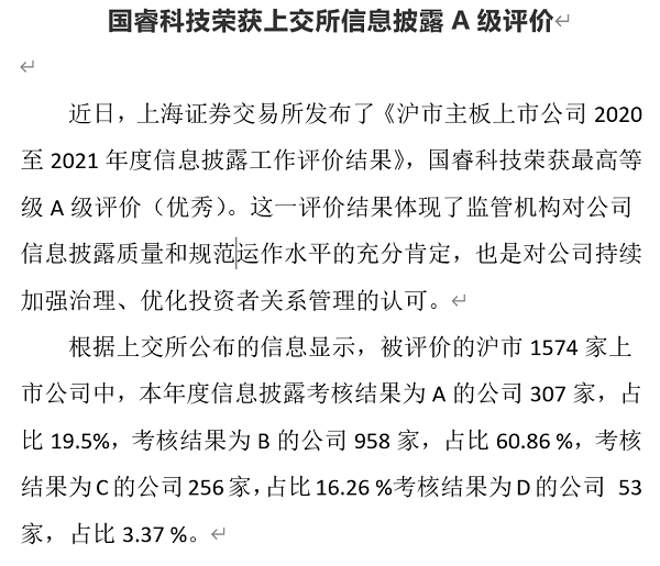 國(guo)睿科(ke)技(ji)榮獲上交所信(xin)息披露A級評價
